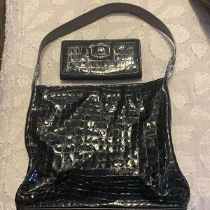 Brighton black patent leather bag. W/ silver hardware. Wallet to match